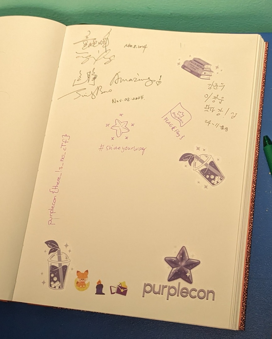 a guestbook in a nearby wing of the library that was subject to purplecon-sticker collateral damage