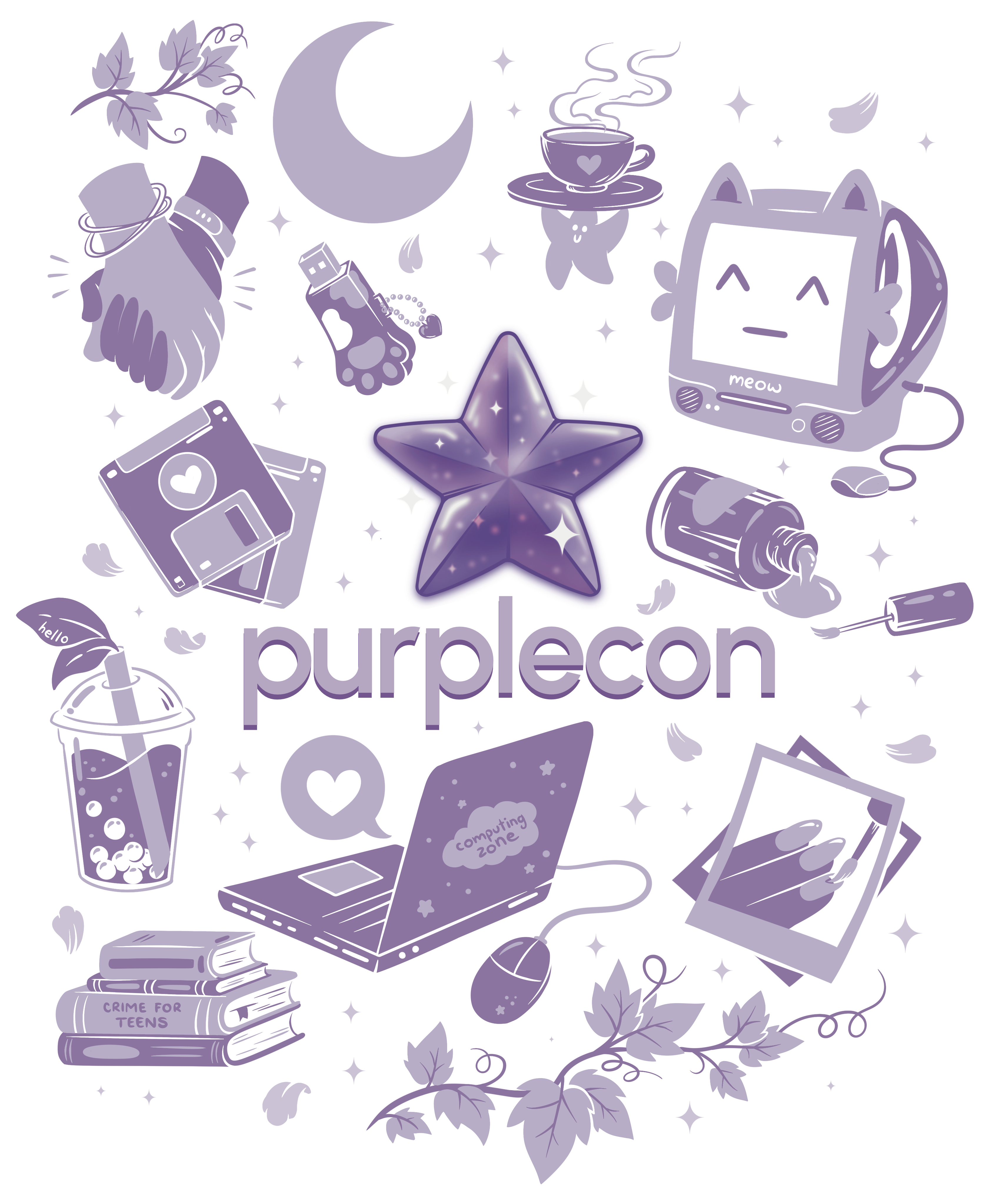 the purplecon t shirt art. it's got lots of cute symbols like nail polish and bubble tea, around the word purplecon